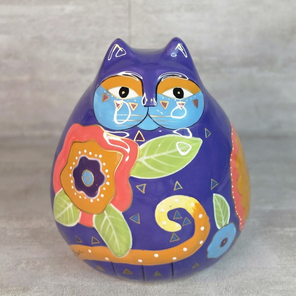 Laurel Burch Bank Blossoms Flowering Feline Colorful Ceramic Fat Cat Purple